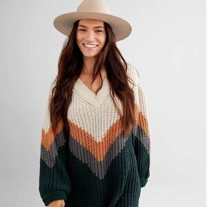 BKE V-Neck Sweater with Cream, Orange, and Gray Stripes size medium